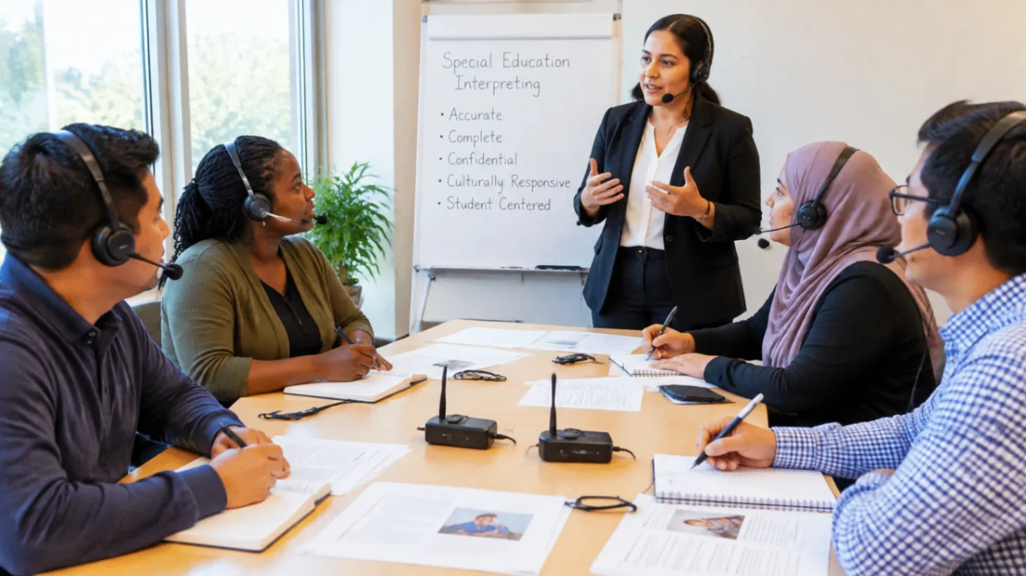 Participants wearing headsets while a facilitator presents special education interpreting guidelines on a board